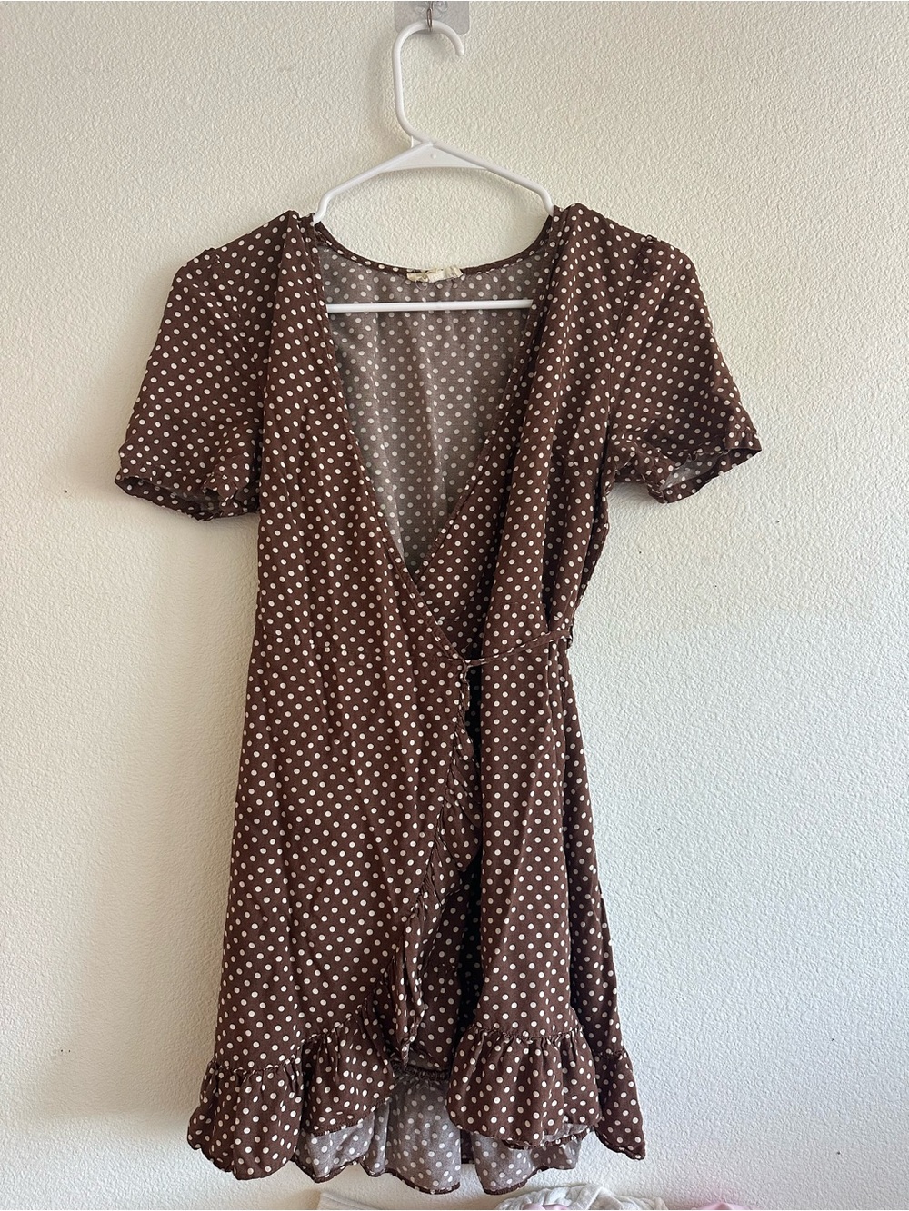 Cotton Candy Brown Polka Dot Wrap Mini Dress